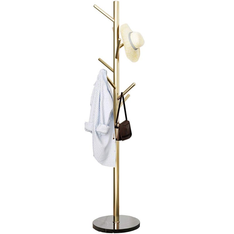 Jolitac Metal Coat Rack Stand Golden Satin Steel Finish Stable Marble Base, High-Grade with Hooks Metal Tree Hat & Coat Hanger Floor Free Standing Wall Bedroom Easy Assembly (Golden) - Image 1
